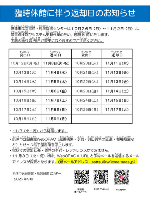 【市民・鳥飼】臨時休館に伴う返却日変更及びメールアドレスの変更のお知らせ